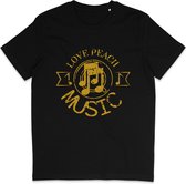Heren Dames T Shirt - Print en Tekst: Love Peace Music - Zwart- 3XL