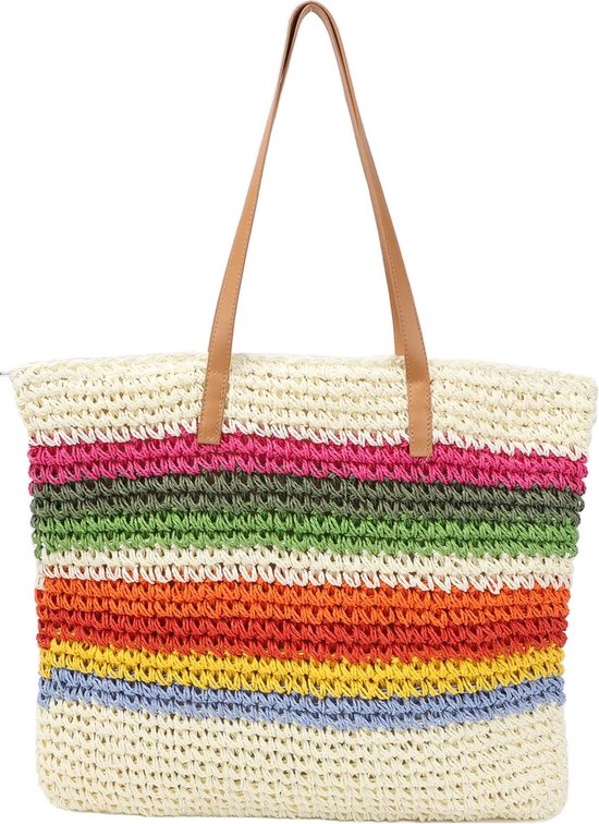 Geweven schoudertassen stro strandtas voor dames zomer Boheemse stijl grote strohandtas strand schoudertas, Witte regenboogstrepen