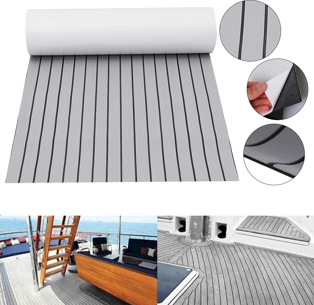 EVA Bootvloer Zelfklevend - Teak Look Bootmat - Antislip & Waterbestendig - 240 x 90 cm - Grijs / Zwart