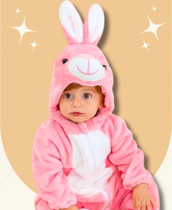BoefieBoef Konijn Roze Dieren Onesie & Pyjama voor Baby & Dreumes en Peuter tm 18 maanden - Kinder Verkleedkleding - Dieren Kostuum Pak