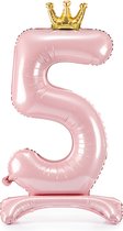 Partydeco - Staande folieballon Cijfer 5 Licht roze met kroon 84 cm