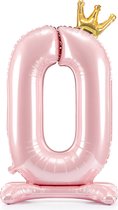 Partydeco - Staande folieballon Cijfer 0 Licht roze met kroon 84 cm