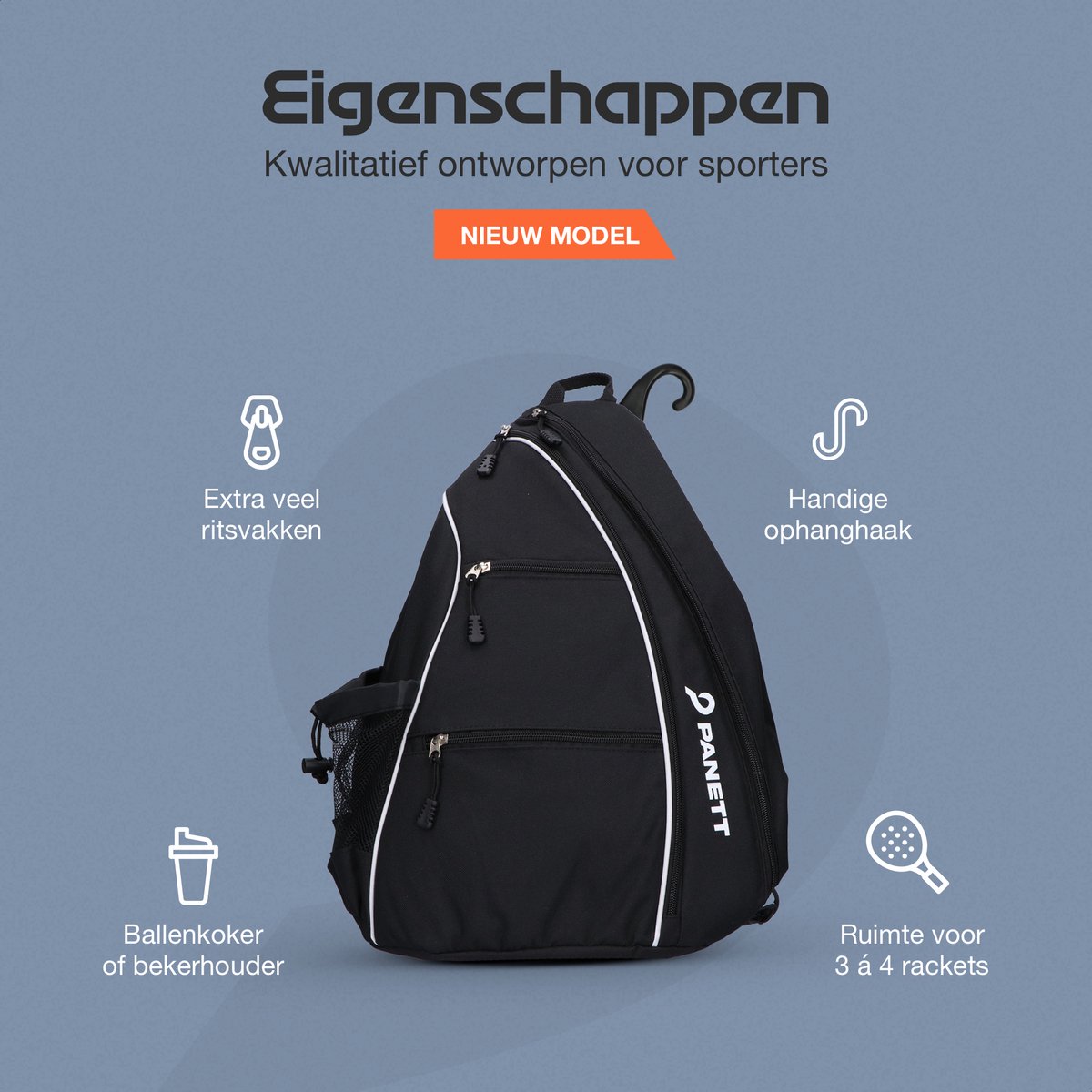 Panett Unisex Padeltas - Gratis Panett Drinkfles - Gratis 3 Panett padelballen - Tas voor meerdere Padelrackets en Ballen - Sport Rugzak voor Padellen - Heren en Dames - 30 L / Zwart thumbnail 5