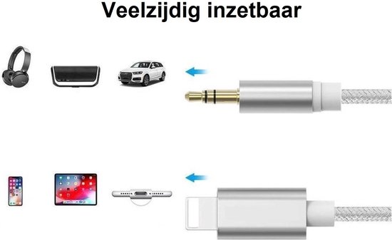 Aux Kabel Auto geschikt voor iPhone - Headphone Jack Audio Aux Kabel - 3,5 mm - 1 Meter - Zilver - ThunderGold