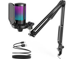 FIFINE A6T - USB Gaming Microfoon - PC-Gaming Met Arm ( 66cm! ) - Geschikt voor PC/PS4/PS5 - RGB - Podcast - Gaming - Streaming - Zwart