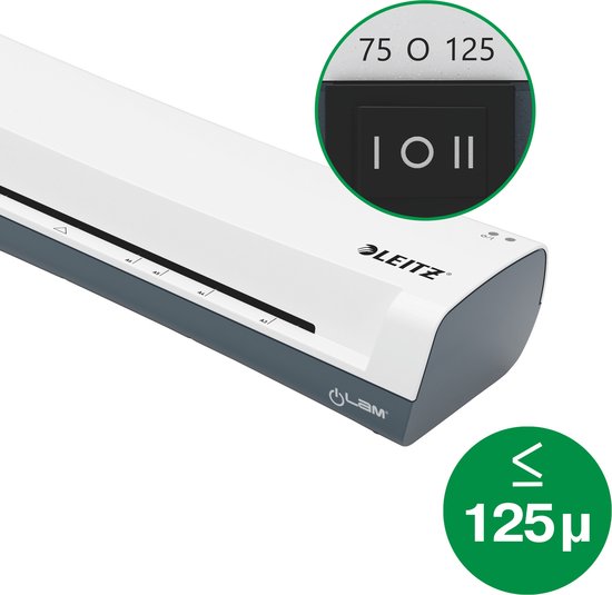 Detail van een witte Leitz lamineermachine met instellingen 75, 125 en schakelaar.