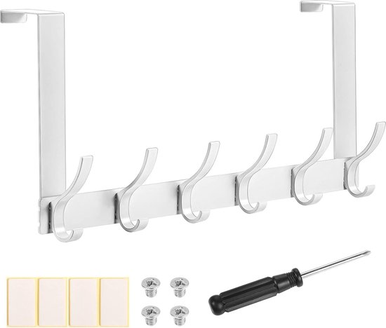 Deurhaken, 6 haken, deurhaken, zonder boren, roestvrij staal