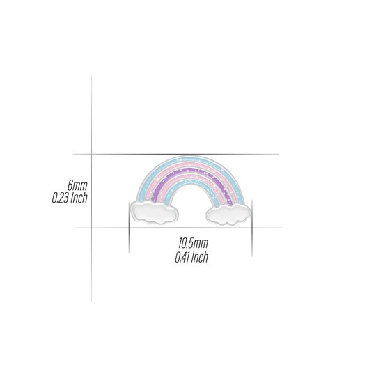 Afmetingen van een regenbooghanger met roze, paarse en blauwe strepen en witte wolken.