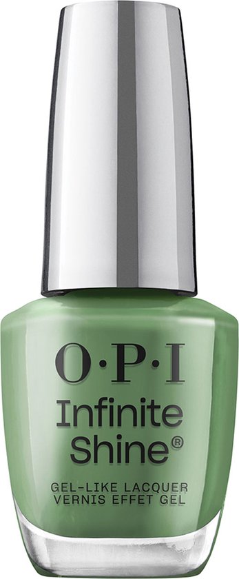 Flesje OPI Infinite Shine nagellak in de kleur Happily Evergreen After, een lichtgroene tint.
