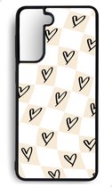 Ako Design Samsung Galaxy S22 hoesje - Ruiten hartjes patroon - Beige, zandkleurig - TPU Rubber telefoonhoesje - hard backcover