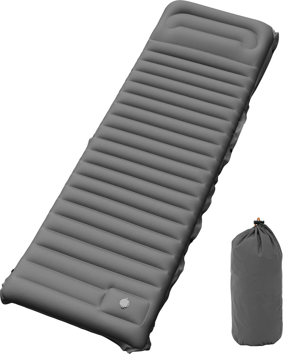Slaapmat Zelfopblazend 10 cm verdikt ultralicht campingluchtbed met ingebouwde pomp en kussen, campingmatras met voetpomp en draagtas voor kamperen, reizen (donkergrijs)