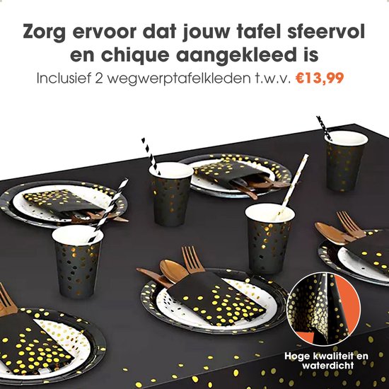 Zwarte tafel met gouden stippen, inclusief 2 wegwerptafellakens. Hoge kwaliteit en waterdicht.