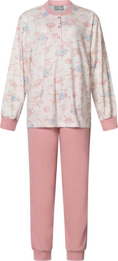 Lunatex dames pyjama interlock licht geruwd - maat XL - Flower - roze