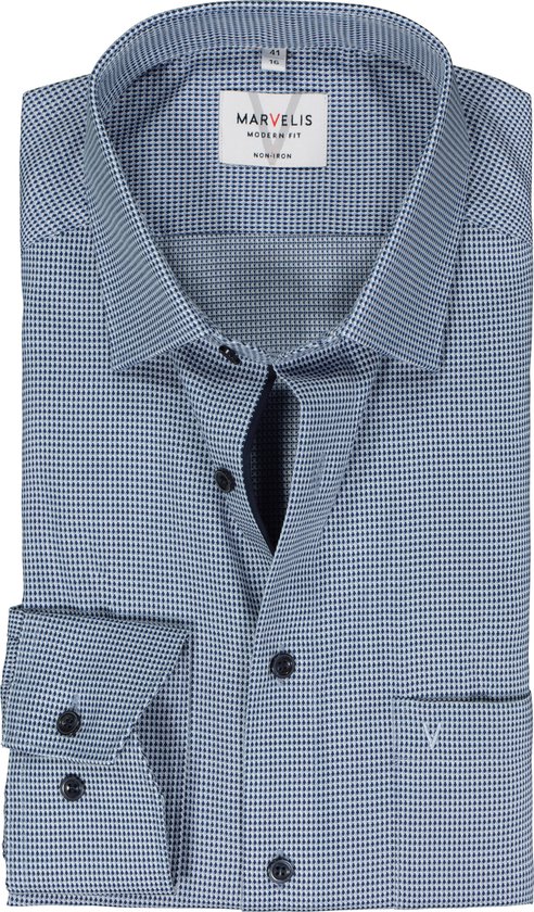 MARVELIS modern fit overhemd - mouwlengte 7 - structuur - donkerblauw mini dessin - Strijkvrij - Boordmaat: 40