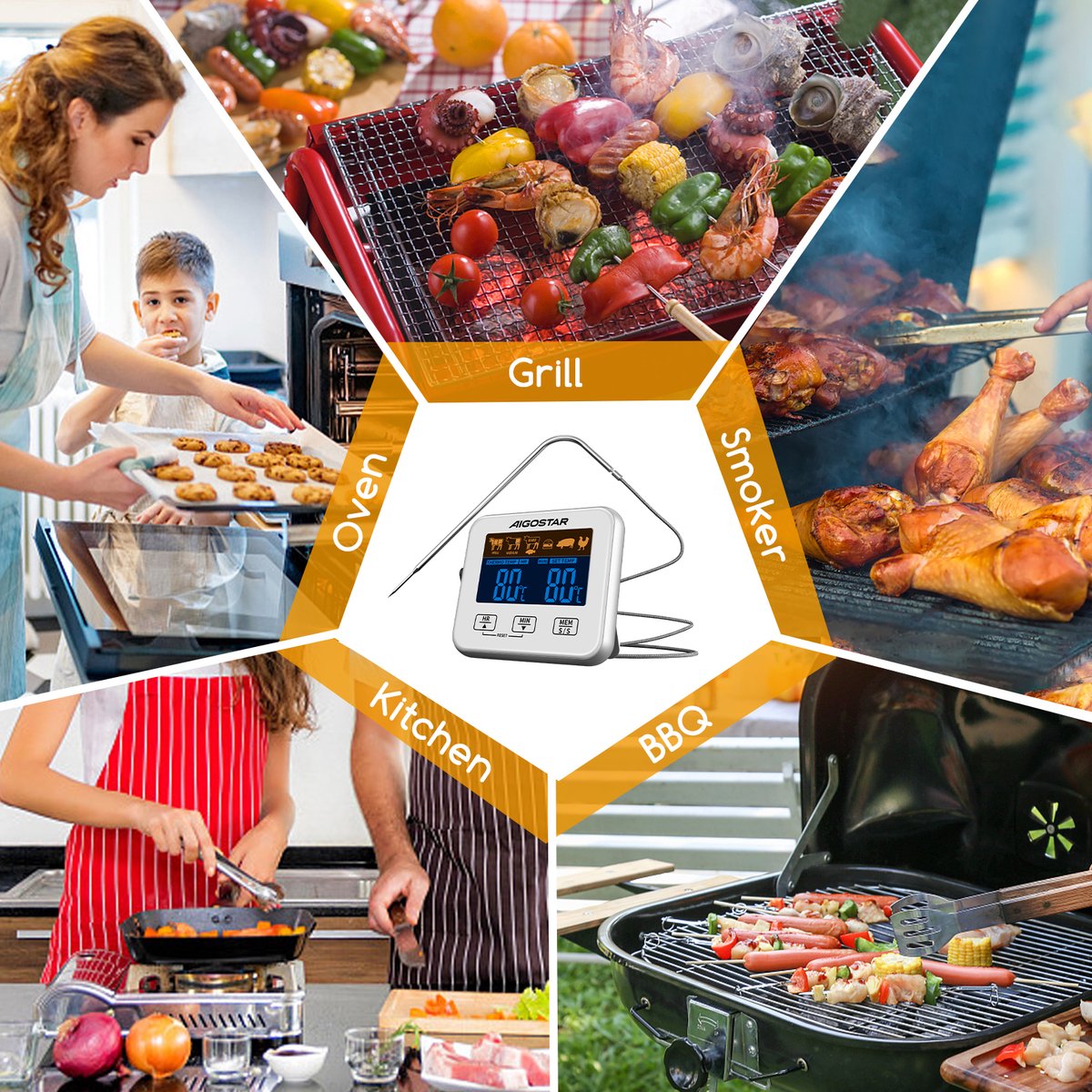 Thermomètre De Cuisine Aigostar Elliott - Sonde à Viande Et Minuteur - Écran LCD Rétroéclairé - Précision ±1°C