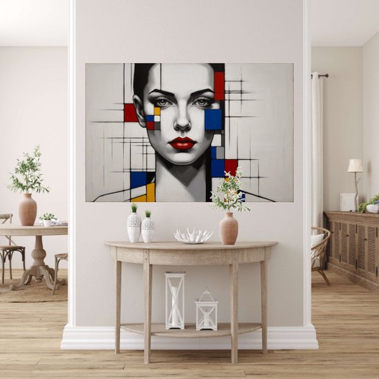 Femme style Piet Mondrian - Peinture abstraite - Décoration murale Piet Mondriaan - Peintures rurales - Peintures sur toile salon - Oeuvre - 70 x 50 cm 18mm