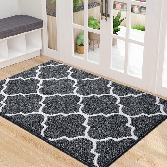 Antislip voetmat, wasbaar, vuilvangmat, voetmat voor buiten, onderhoudsvriendelijke vuilvangmat, deurmat voor binnen en buiten, 80 x 120 cm, zwart geometrisch