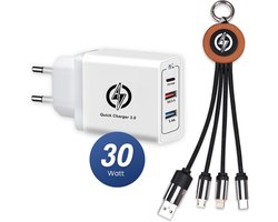 AV® Snellader 30W Adapter en Kabel - USB-C & USB-A Oplader - 3 Poorten - Inclusief 3-in-1 Oplaadkabel - Travelpack - Wit