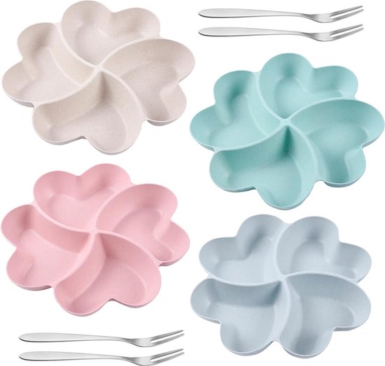 STOUCLA Lot De 4 Assiettes à Collation Avec 4 Compartiments, En Forme De Cœur, Bols à Collation, Assiettes à Fruits, Assiettes à Fruits, Collations, Pour Bonbons, Desserts, Fruits, Noix