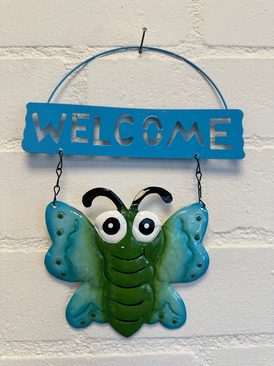 Impuls Metalen decoratie tuin hanger welcome vlinder blauw+groen hoogte 30 x 20 x 1 cm Woonaccessoires Decoratieve hangers Tuinaccessoires