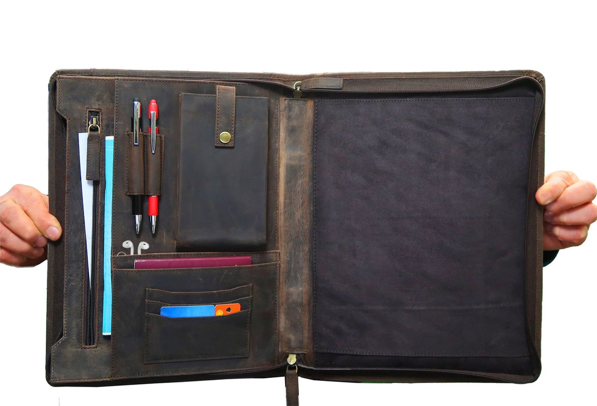 Exclusieve handgemaakte lederen A4-conferentiemap voor de veeleisende gebruiker- stijlvolle Laptop portfolio en schrijfmap van tijdloze elegantie en de hoogste kwaliteit' portfolio van echt leer - Cadeautje voor hem - met geschenkdoos