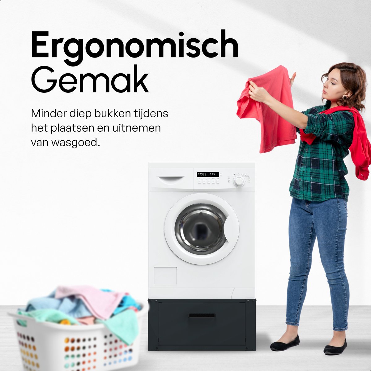 Bodo® - Wasmachine Verhoger - Kast - Ombouw met Lade - Zwart - 63x54x31cm — afbeelding 3