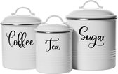 Luchtdichte voorraadbussen (set van 3) met suikerpot, theebus voor losse thee, koffiekan/koffiebonencontainer - roestvrijstalen voorraadcontainers voor keuken in landhuisstijl