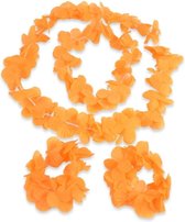 4-Delig Oranje Hawaii Kransen Set - Koningsdag - EK 2024 - Ketting - Hoofdkrans - 2x Polskrans - Bloemen Slingers - Oranje Accessoires