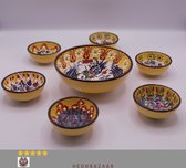 HandGaMeakte Anatolische Keramische Kommen - Set van 7 Met Bloempatroon voor decor, snacks en ontbijt, Geel en Gemengde Kleuren, 8cm en 16cm ras