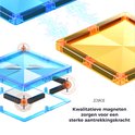 Gedetailleerde afbeelding van de magnetische verbindingen van blauwe en oranje vierkante bouwblokken.