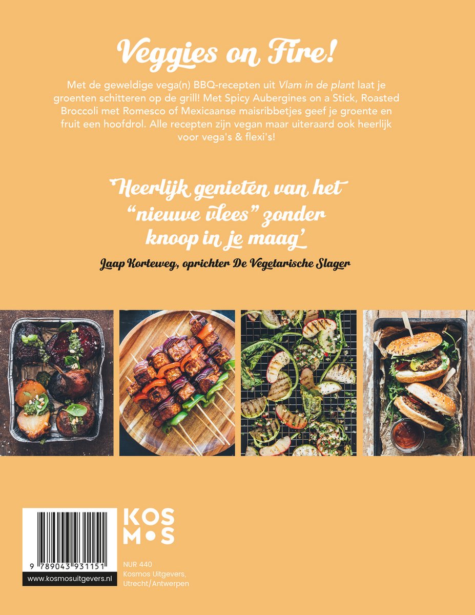 Achterkant kookboek 'Vlam in de plant' met foto's van gerechten en productinformatie.