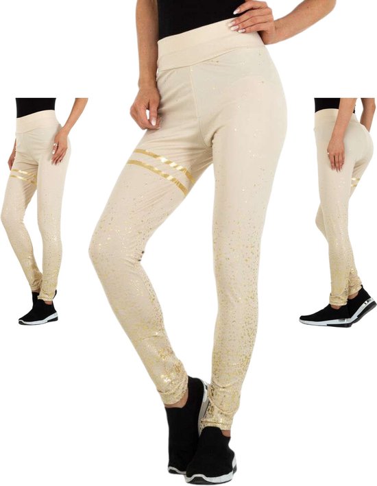Pantalon de sport extensible Holala crème paillettes dorées S/M