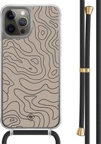 Casimoda® hoesje met zwart koord - Geschikt voor iPhone 12 Pro - Abstract Lines - Afneembaar koord - TPU/polycarbonaat - Bruin/beige