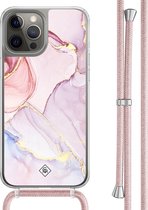 Casimoda® hoesje met rosegoud koord - Geschikt voor iPhone 12 Pro - Marmer roze paars - Afneembaar koord - TPU/polycarbonaat - Paars