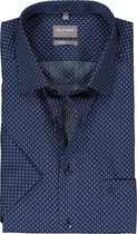 OLYMP comfort fit overhemd - korte mouw - popeline - donkerblauw met wit en lichtblauw dessin - Strijkvrij - Boordmaat: 43