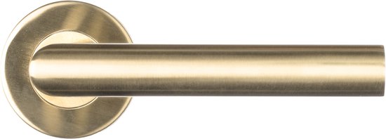 Mat gouden deurklink met rond rozet, op zwarte achtergrond.