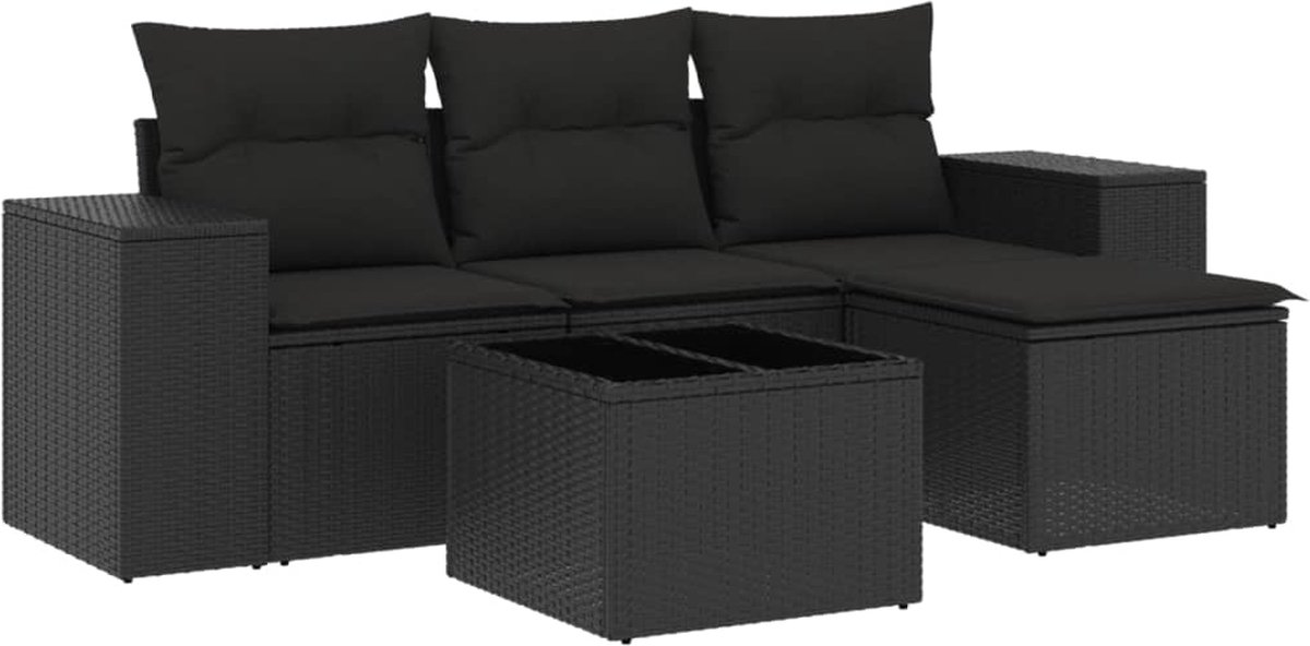 vidaXL 5-delige - Loungeset - met - kussens - poly - rattan - zwart
