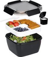 To Go Salad Container Lunchcontainer, BPA-vrij, 3-vaks voor salade toppings en snacks, slakom met dressing container, ingebouwde herbruikbare lepel, magnetron bestendig (zwart)