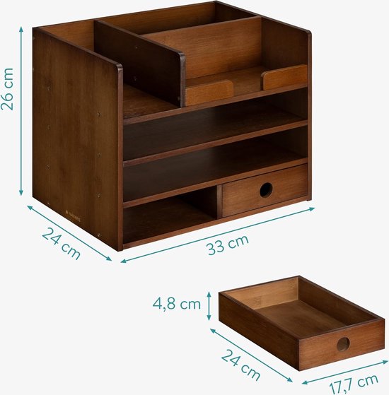 Organiseur de bureau bambou, 6 compartiments, organisateur crayon, boîte rangement HLP 14x28x19,5 cm, naturel, Relaxdays | Leroy Merlin