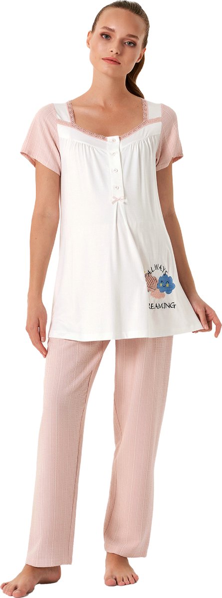 Feyza - Dames Zwangerschap Pyjama Set, Korte Mouwen, Roze - M