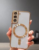 Samsung Galaxy S24 Magnetisch Hoesje Met Lensbeschermer - Magsafe - Magneet Case Met Ring en camera cover transparant met gekleurde rand - goud