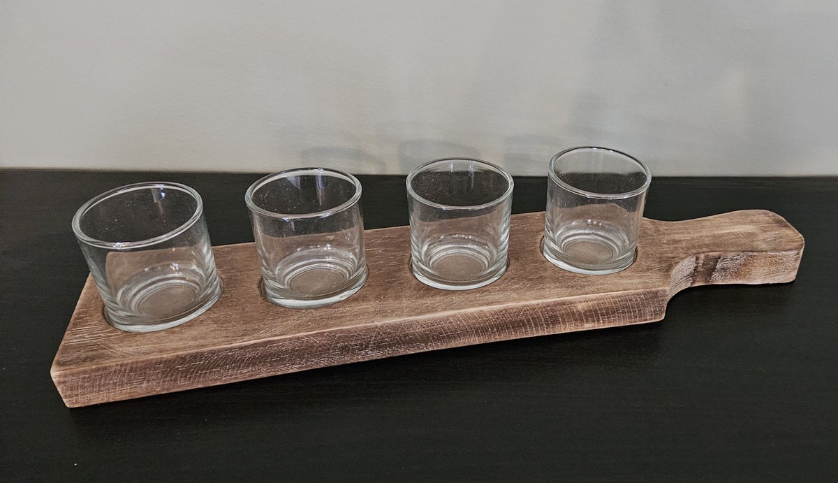 Woodart Waxinelichthouder plank incl. 4 waxineglaasjes