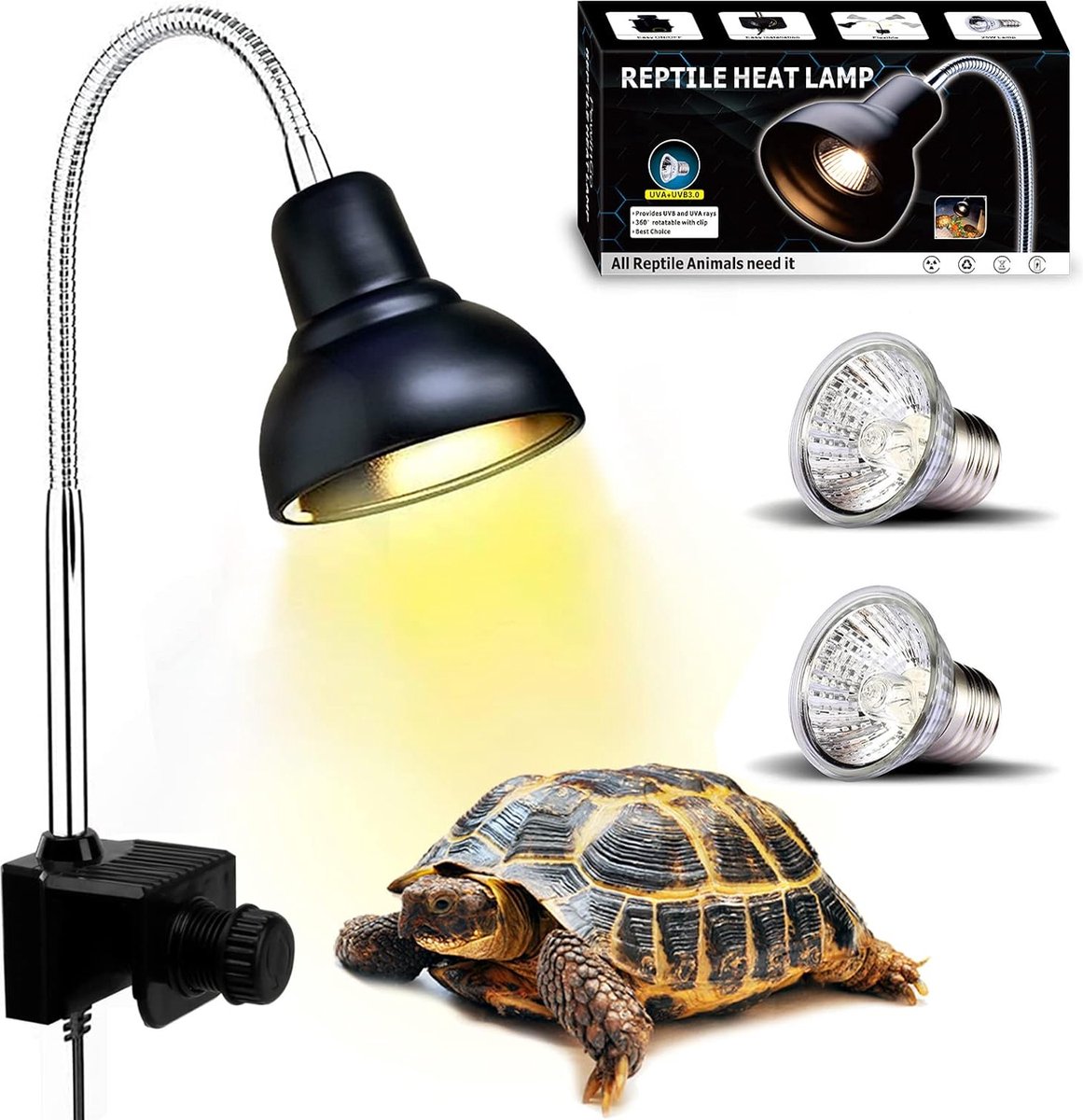 Terrarium Warmtelamp - Clip On Systeem - Inclusief 2 UVA UVB 25W Zonnespot Gloeilampen - 360° Draaibare Klem - Geschikt voor Aquarium en Terrarium - Ideaal voor Schildpadden, Slangen, Hagedissen - Zwart - Merkloos