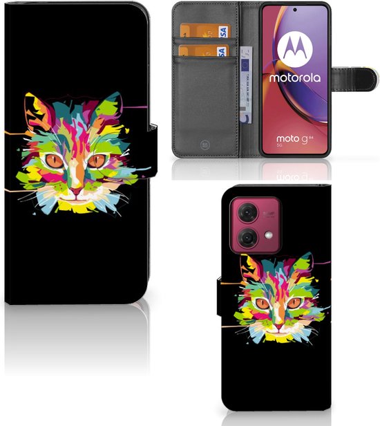 Wallet Book Case Geschikt voor Motorola Moto G84 Smartphone Hoesje Cat Color Leuke Verjaardagscadeaus