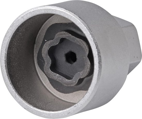 Zilverkleurige velgslot demontage adapter met een zespuntige buitenkant en een stervormige binnenkant.