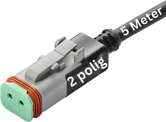 Kalitec Deutsch DT06-2S 2-polig met gegoten 5 meter PUR kabel 2x0,75 mm² zwart I geassembleerde kabel met stopcontact I waterdichte stopcontactbehuizing I voorgemonteerde kabel aansluitklaar