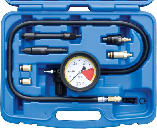 SW-Stahl drukverliestester met manometer in blauwe kunststof koffer met 7 onderdelen.