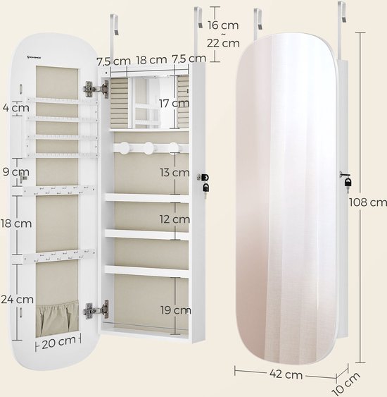 Sieradenkast SucceBuy, met Afsluitbare Spiegel, 119,5 cm, Wand-/Deurmontage, Wit