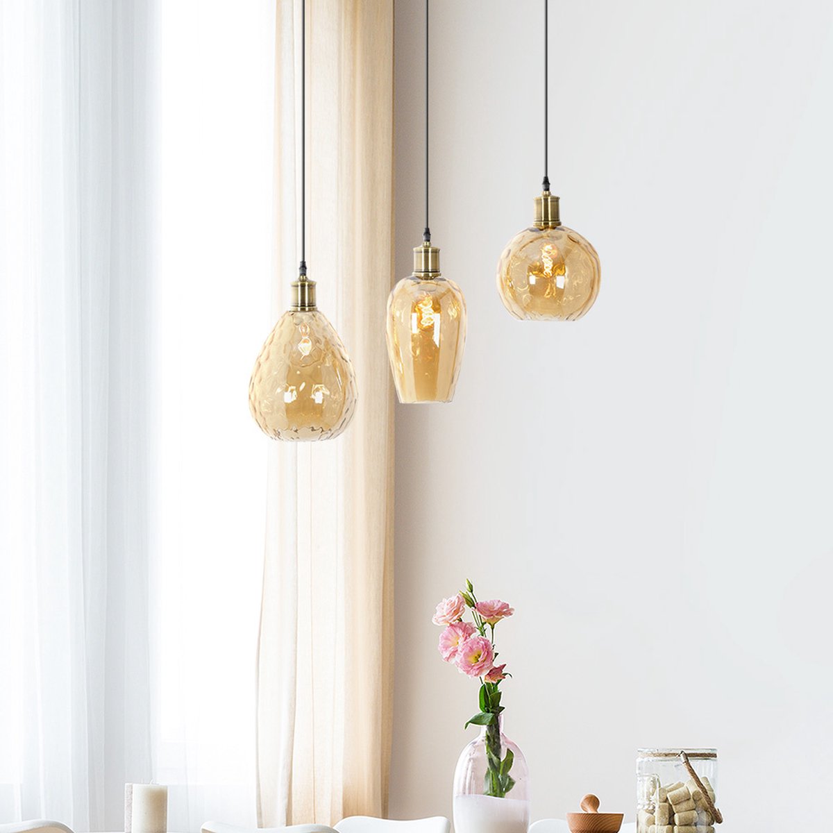 Hanglamp amber glas met bolling detail - Vanessa