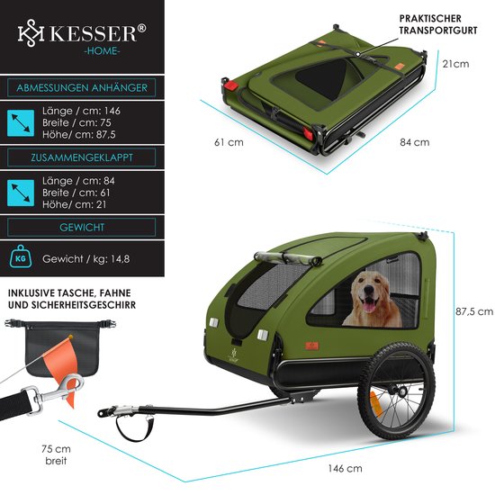 Groene hondenfietskar met golden retriever, afmetingen en inklapbaar model.